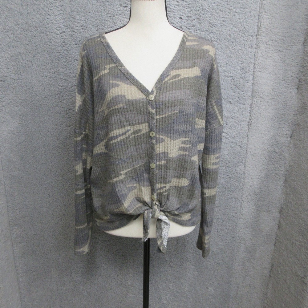Altar'd State Womens‎ M Gray Camo Waffle Knit Tie Front Button Cardigan Top Boho